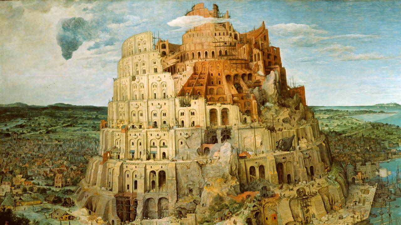 Reproduktion des Gemäldes "Turmbau zu Babel" von Pieter Bruegel, 1563. Öl auf Eichenholz, Wien, Kunsthistorisches Museum.