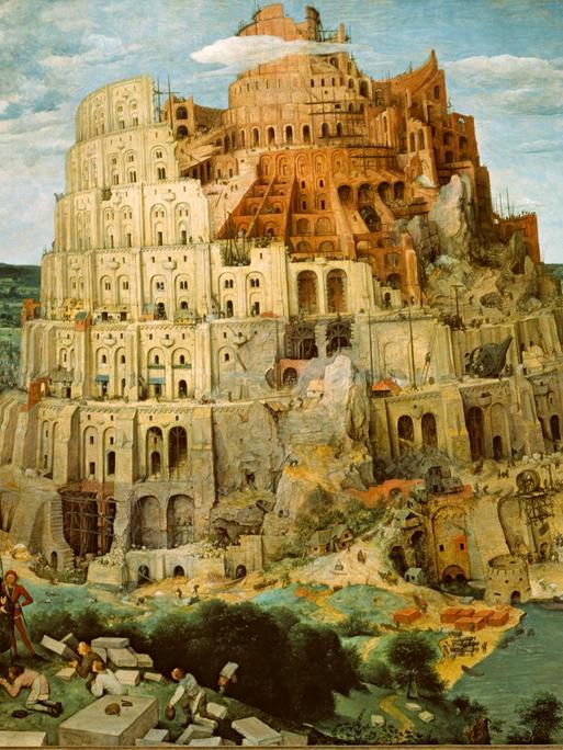 Reproduktion des Gemäldes "Turmbau zu Babel" von Pieter Bruegel, 1563. Öl auf Eichenholz, Wien, Kunsthistorisches Museum.