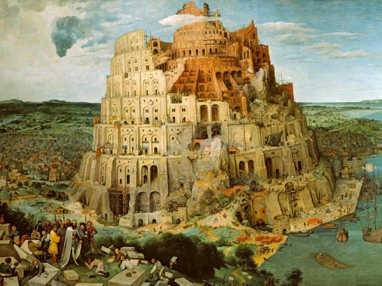 Reproduktion des Gemäldes "Turmbau zu Babel" von Pieter Bruegel, 1563. Öl auf Eichenholz, Wien, Kunsthistorisches Museum.