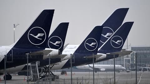 Mehrere Flugzeuge der Lufthansa stehen nebeneinander auf einem Flughafen-Gelände.