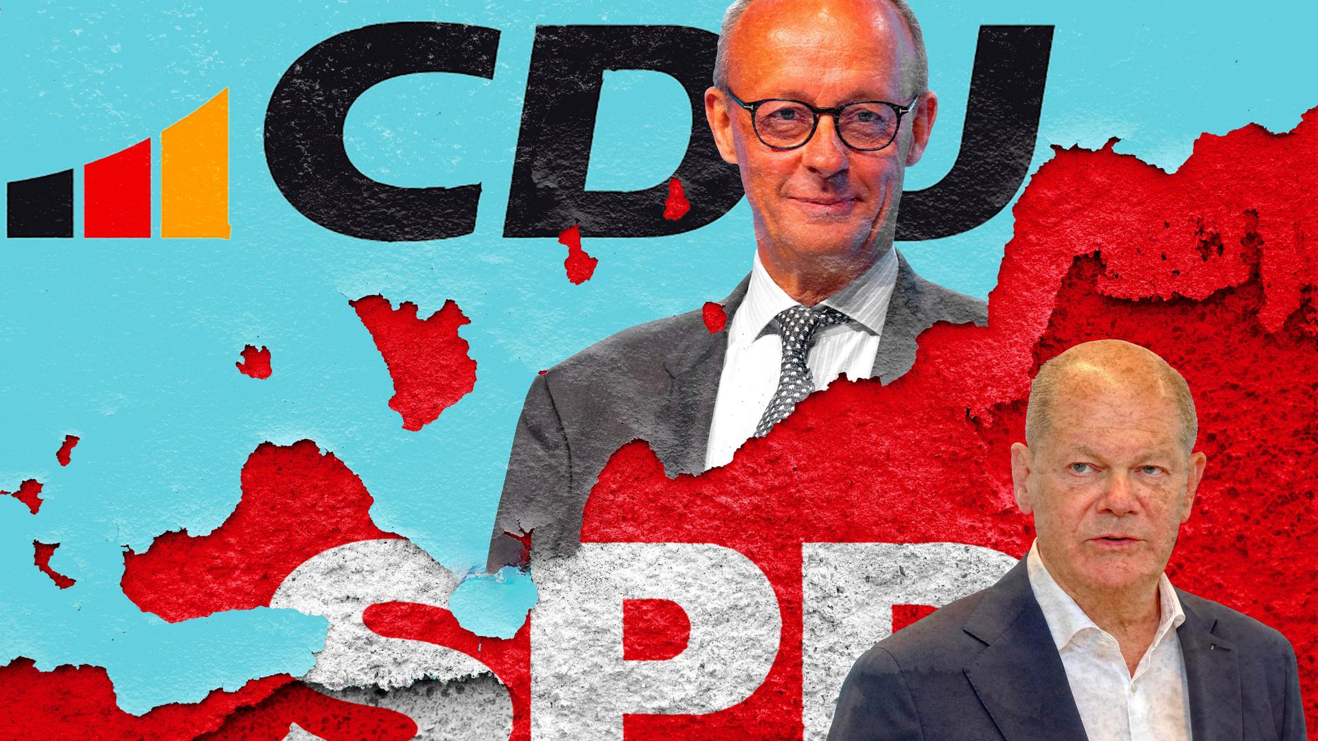 Eine Fotomontage zeigt Friedrich Merz vor einem CDU-Schriftzug und Olaf Scholz vor einem SPD-Schriftzug. Merz lächelt, Scholz wirkt entschlossen.