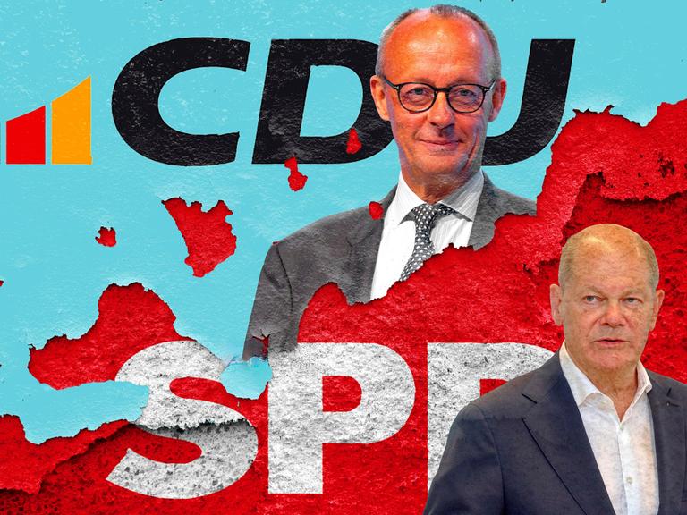 Eine Fotomontage zeigt Friedrich Merz vor einem CDU-Schriftzug und Olaf Scholz vor einem SPD-Schriftzug. Merz lächelt, Scholz wirkt entschlossen.