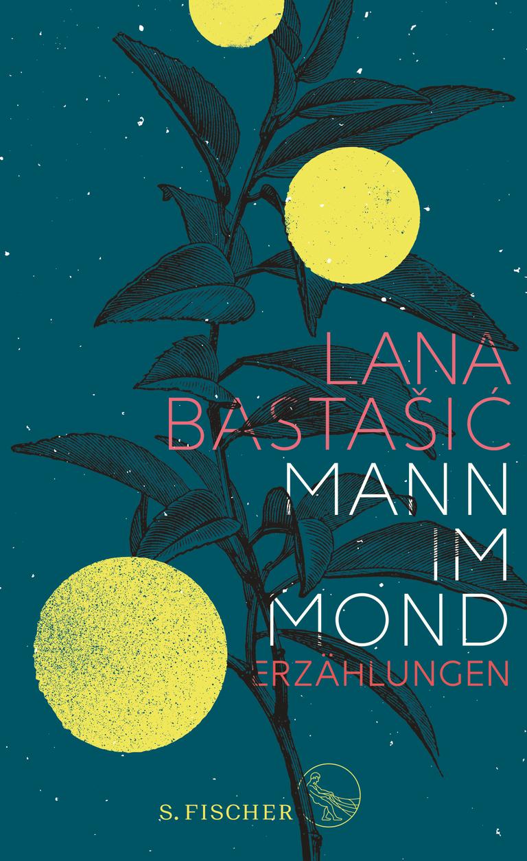 Das Cover des Buchs „Mann im Mond“ von Lana Bastašić zeigt eine Illustration einer Planze vor einem nächtlichen Himmel mit drei Monden.
