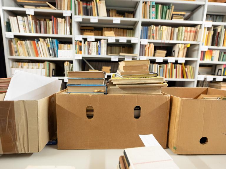 Bücher stapeln sich in der DDR-Bibliothek von Peter Sodann.