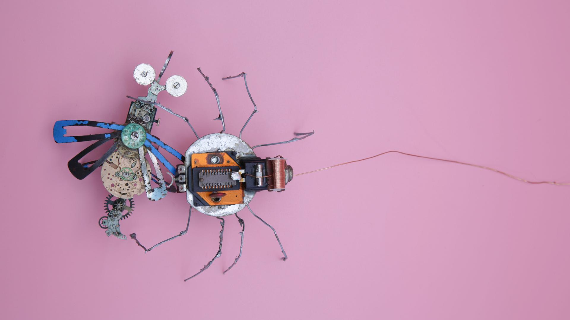 Eine Roboterspinne und eine Roboterfliege die sehr nach DIY aussehen vor rosa Hintergrund. Eine Roboterspinne und eine Roboterfliege die sehr nach DIY aussehen vor rosa Hintergrund.