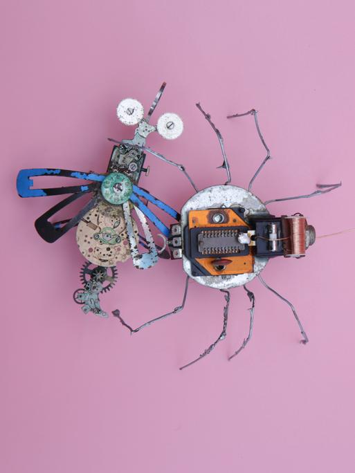 Eine Roboterspinne und eine Roboterfliege die sehr nach DIY aussehen vor rosa Hintergrund. Eine Roboterspinne und eine Roboterfliege die sehr nach DIY aussehen vor rosa Hintergrund.