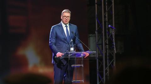Serbiens Präsident Aleksandar Vučić  bei einer Ansprache.  