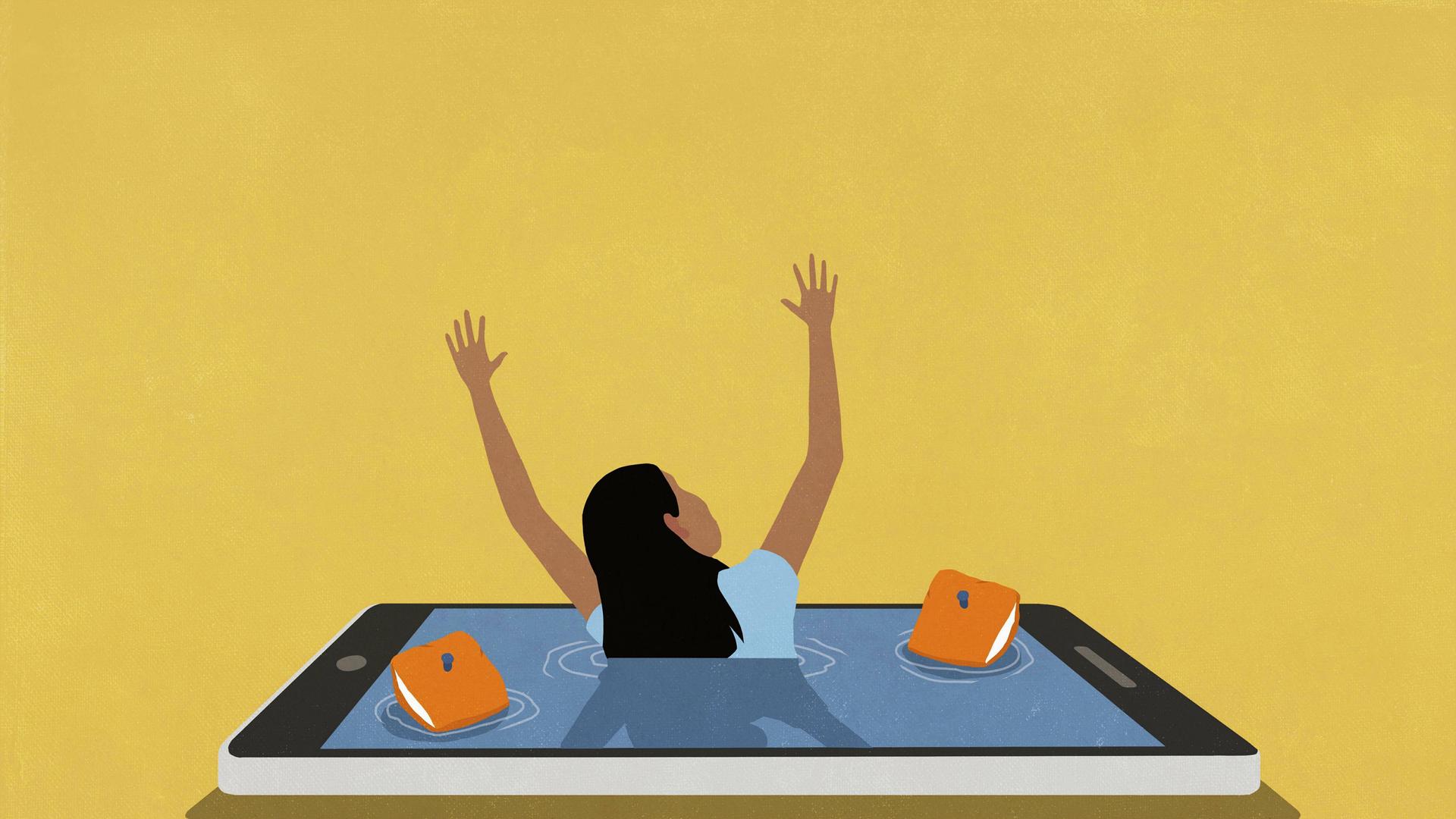 Grafik: Junge Frau "ertrinkt" im Display eines überdimensionierten Smartphones