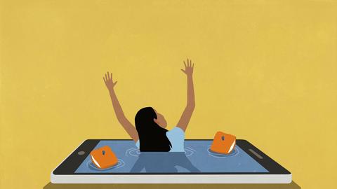 Grafik: Junge Frau "ertrinkt" im Display eines überdimensionierten Smartphones