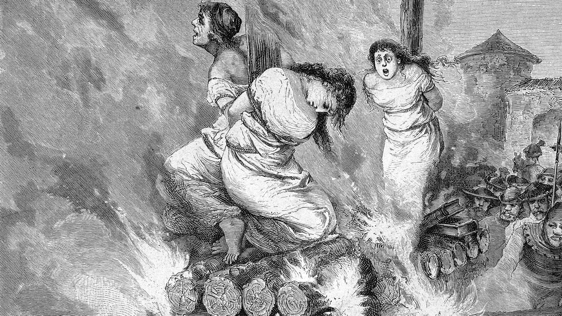 Hexenverbrennung im Mittelalter, historischer Stich von 1883 Hexenverbrennung im Mittelalter, historischer Stich von 1883