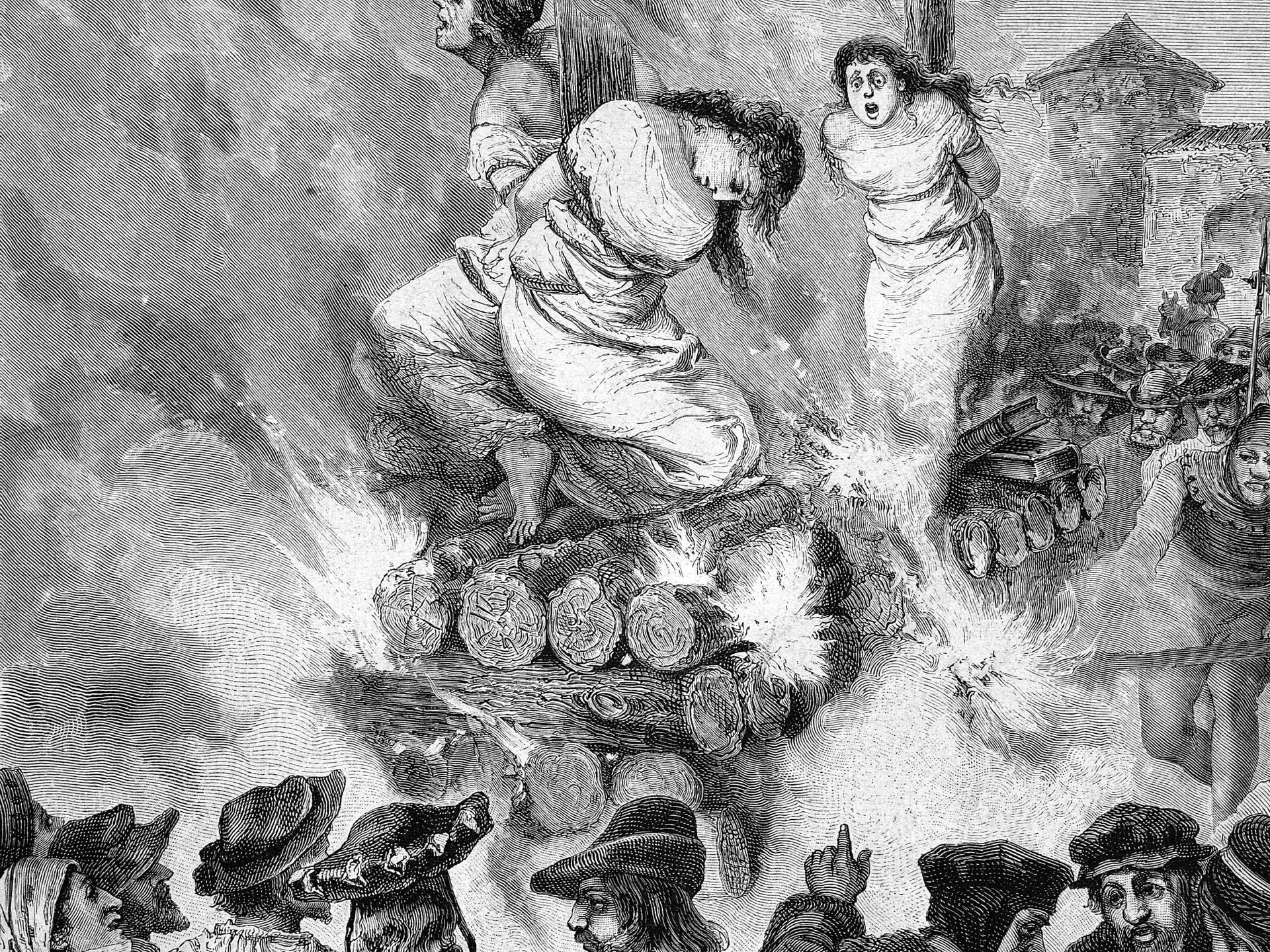 Hexenverbrennung im Mittelalter, historischer Stich von 1883