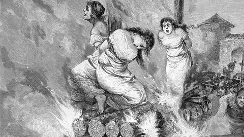 Hexenverbrennung im Mittelalter, historischer Stich von 1883