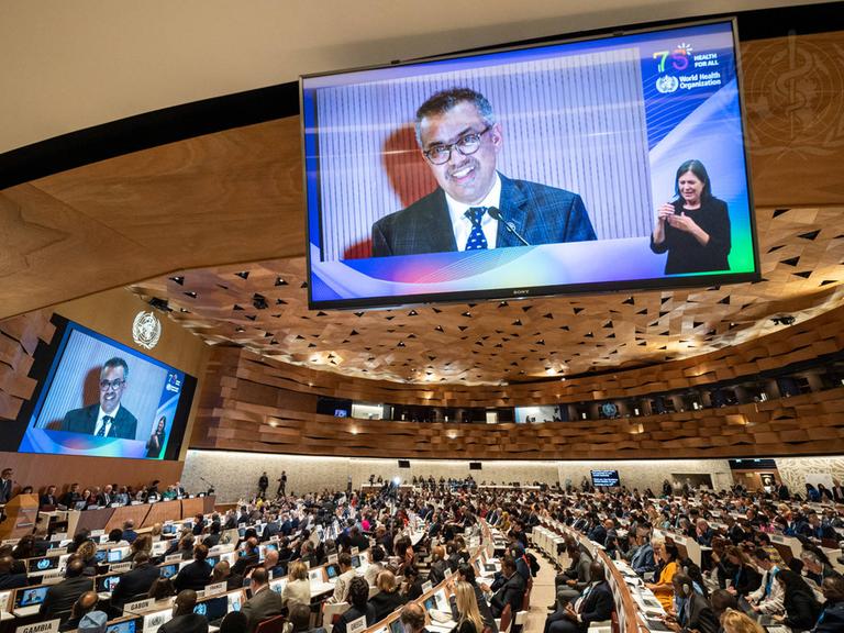 WHO-Generaldirektor Tedros Adhanom Ghebreyesus spricht auf der 76ten Jahresversammlung der Weltgesundheitsorganisation WHO am 22. Mai in Genf. 