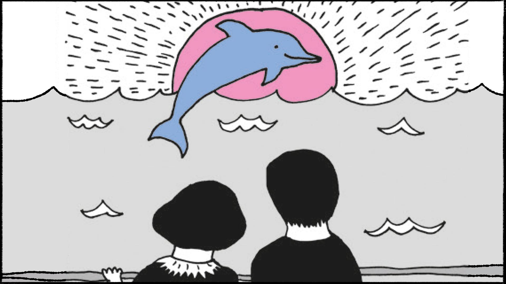 Illustration aus der Graphic Novel von Liv Strömquist: Rückansicht zweier Personen, die auf das Meer schauen. Vor ihnen geht gerade die Sonne unter und ein Delfin springt durch die Luft, genau auf einer Höhe mit der Sonne. 