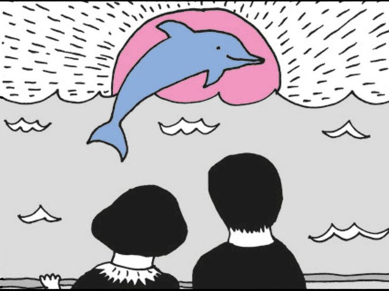 Illustration aus der Graphic Novel von Liv Strömquist: Rückansicht zweier Personen, die auf das Meer schauen. Vor ihnen geht gerade die Sonne unter und ein Delfin springt durch die Luft, genau auf einer Höhe mit der Sonne. 