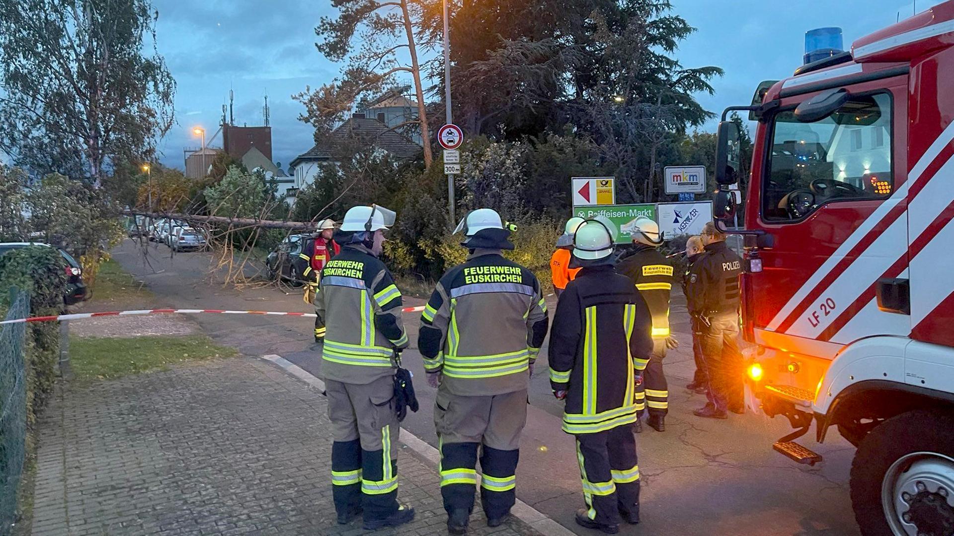 Einsatzkräfte der Feuerwehr stehen an einem mit Flatterband abgesperrten Bereich. Dort war ein Baum auf ein Auto gestürzt. Einsatzkräfte der Feuerwehr stehen an einem mit Flatterband abgesperrten Bereich. Dort war ein Baum auf ein Auto gestürzt.