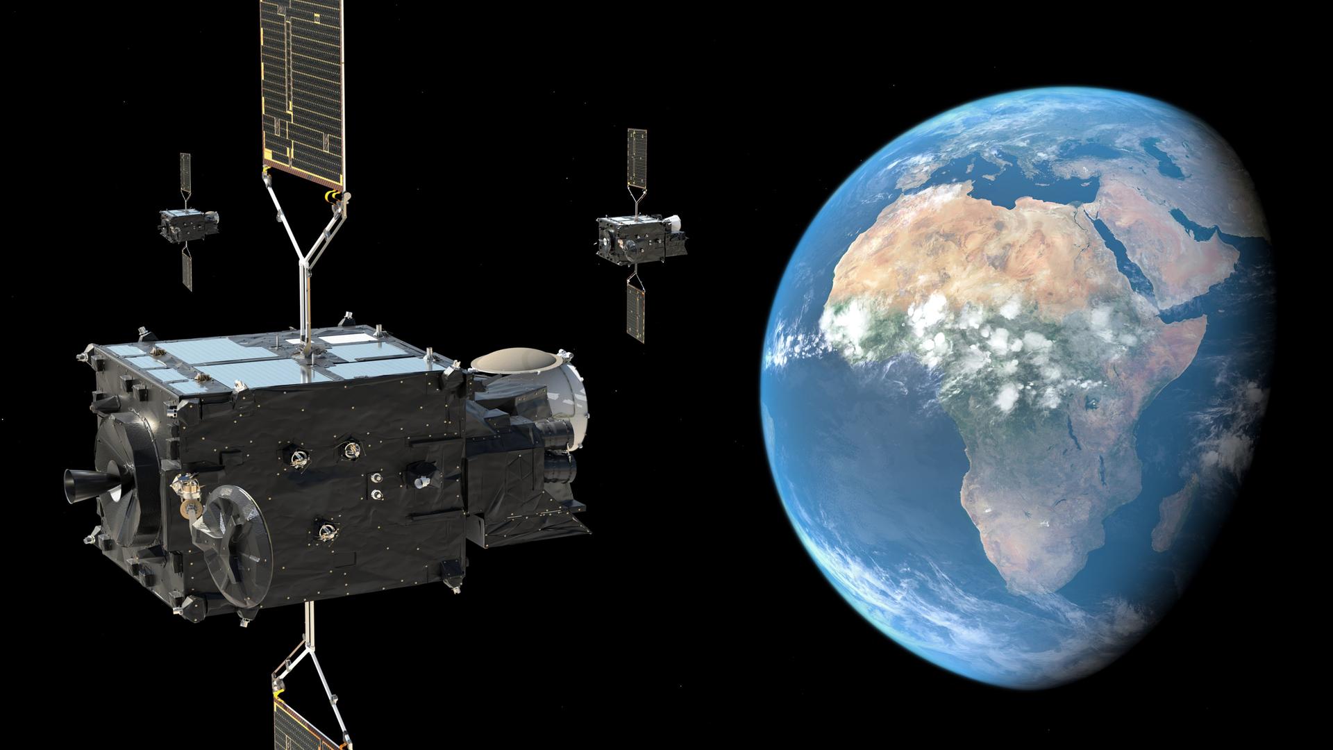 (Illustration eines Satelliten neben der Erdkugel

