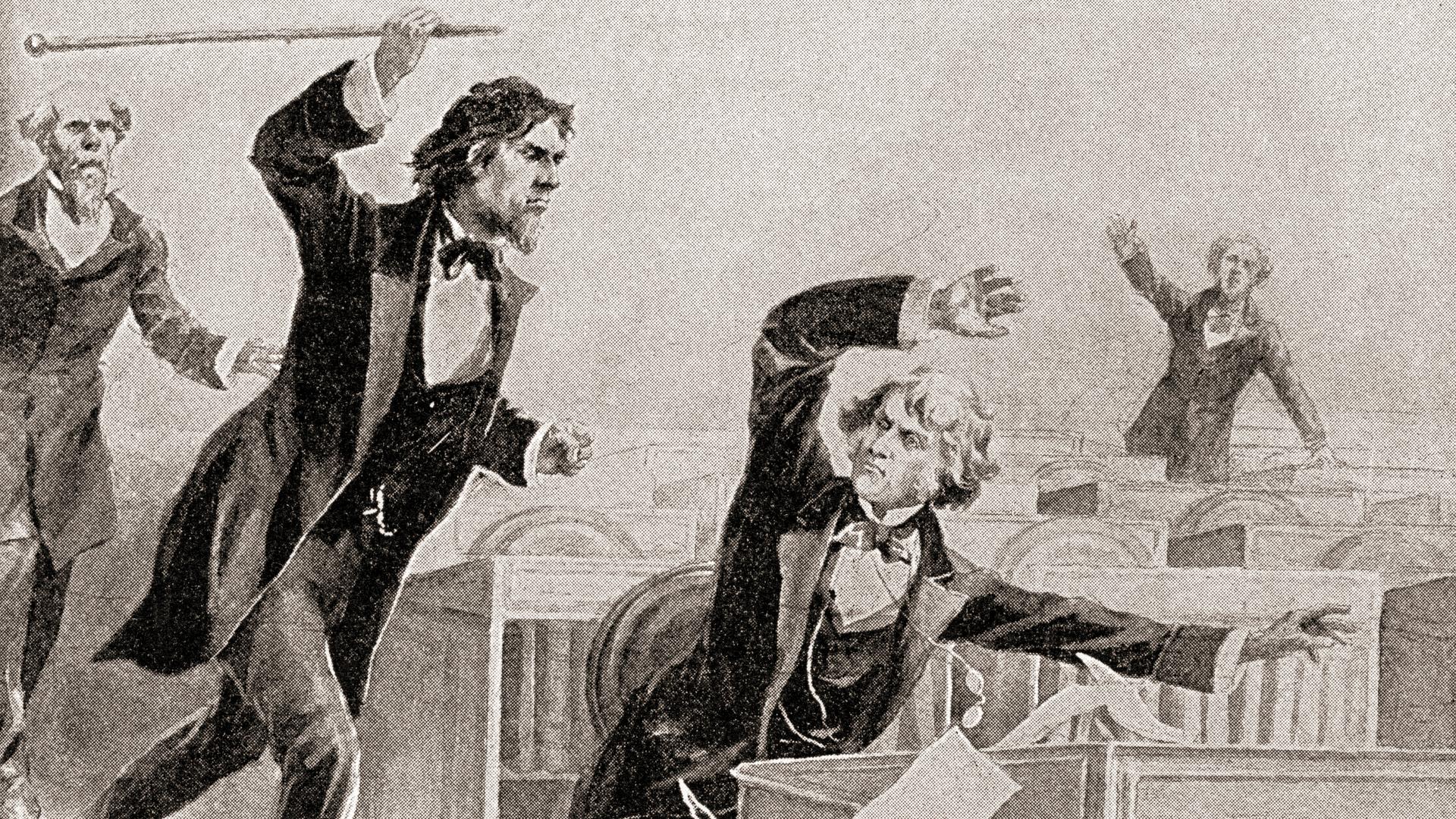 Eine künstlerische Darstellung zeigt, wie Preston Brooks im US-Senat mit einem Gehstock auf Charles Sumner einschlägt.