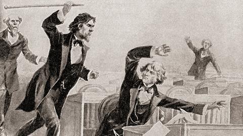 Eine künstlerische Darstellung zeigt, wie Preston Brooks im US-Senat mit einem Gehstock auf Charles Sumner einschlägt.