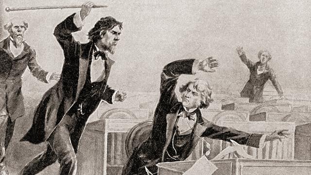 Eine künstlerische Darstellung zeigt, wie Preston Brooks im US-Senat mit einem Gehstock auf Charles Sumner einschlägt. Eine künstlerische Darstellung zeigt, wie Preston Brooks im US-Senat mit einem Gehstock auf Charles Sumner einschlägt.
