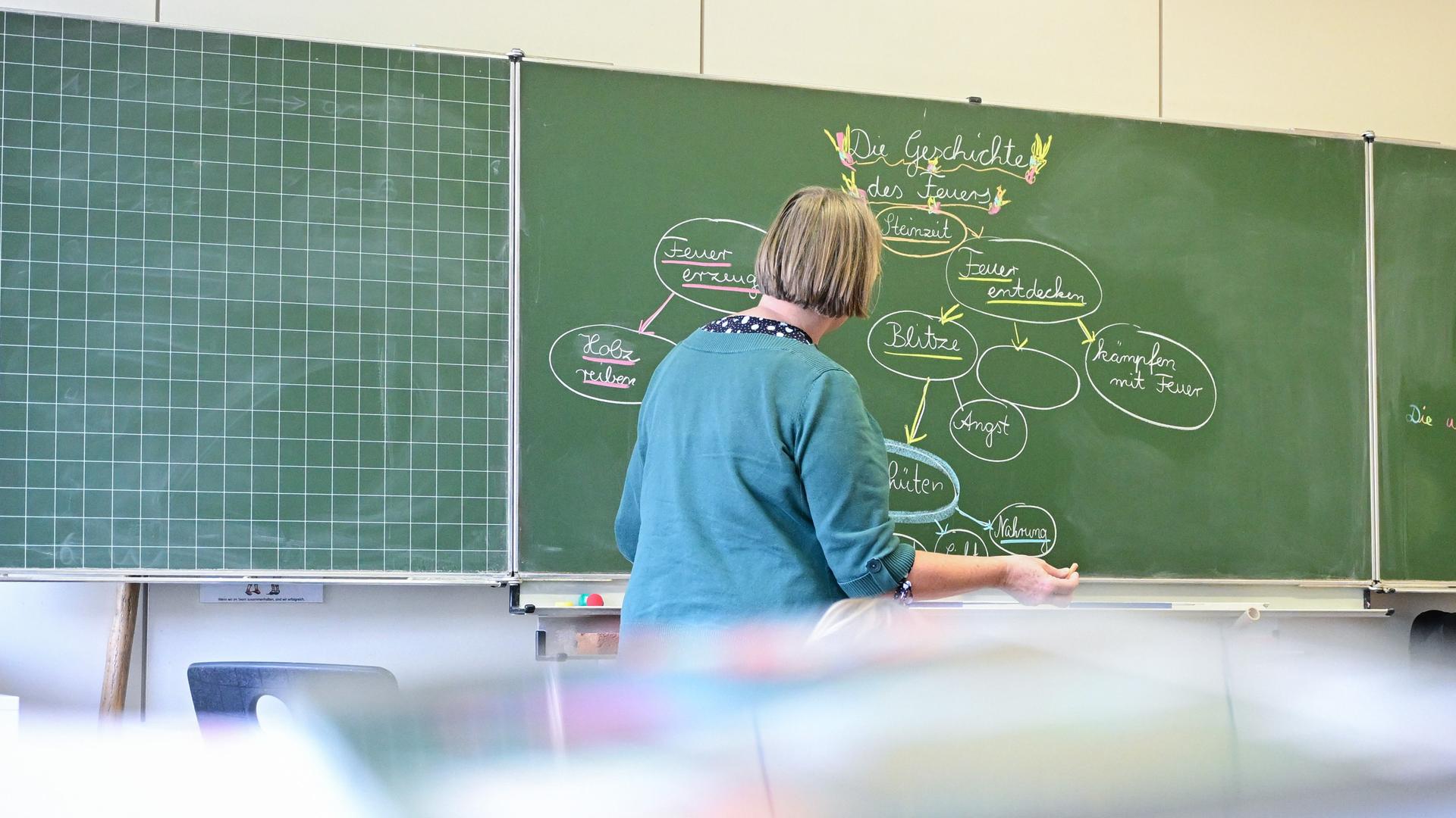 Eine Lehrerin arbeitet in einer vierten Klasse in einer Grundschule an der Tafel.