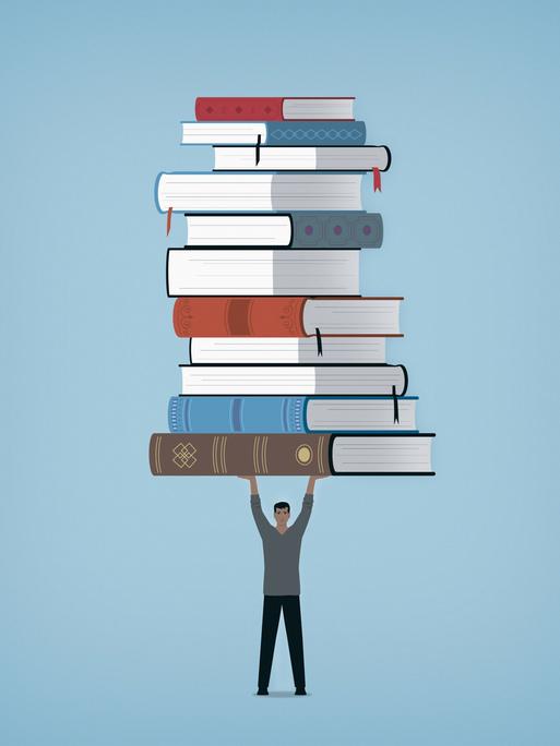 Illustration: Mann hält einen großen Stapel Bücher über dem Kopf.