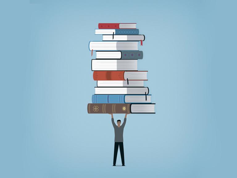 Illustration: Mann hält einen großen Stapel Bücher über dem Kopf.