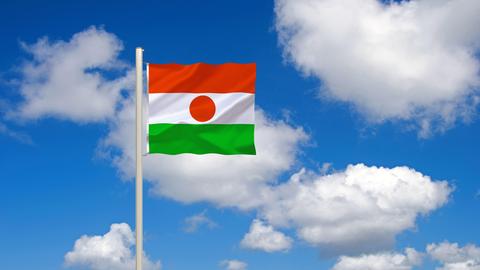 Die Flagge von Niger, Land in Westafrika, weht vor einem blauen Himmel mit wenigen Wolken.