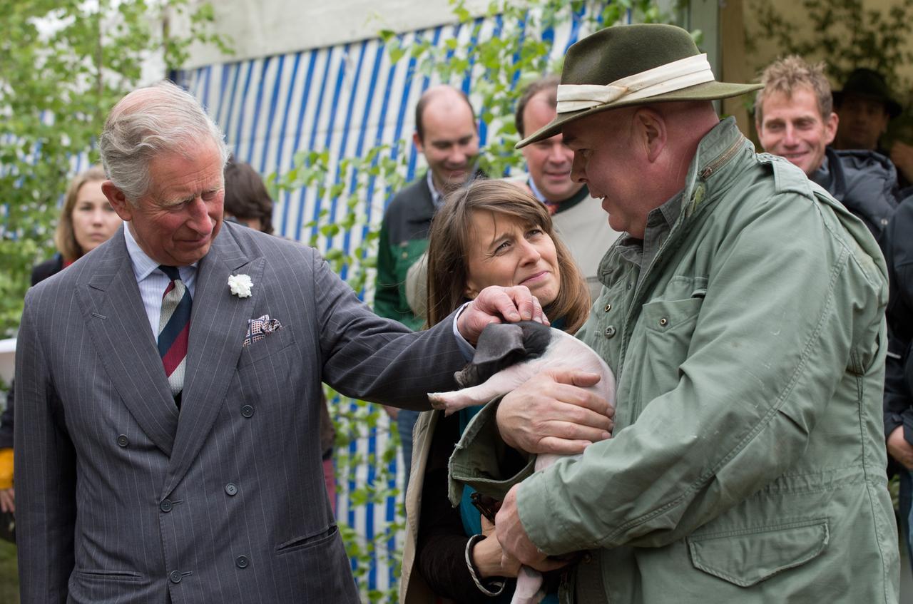 Der englische Thronfolger Prinz Charles streichelt ein Ferkel, das ein Bauer auf dem Arm hält.