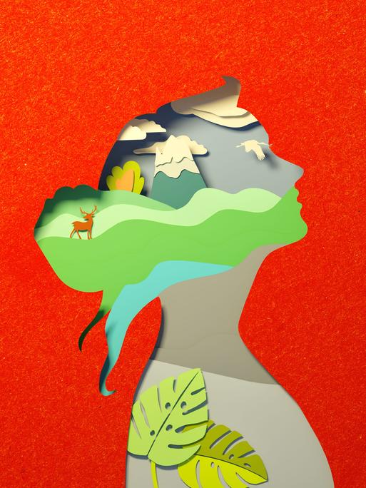 Farbiger Scherenschnitt vom Profil einer Frau, in deren Kopf eine Landschaft mit Bergen, Vogel und einem Reh zu sehen ist.