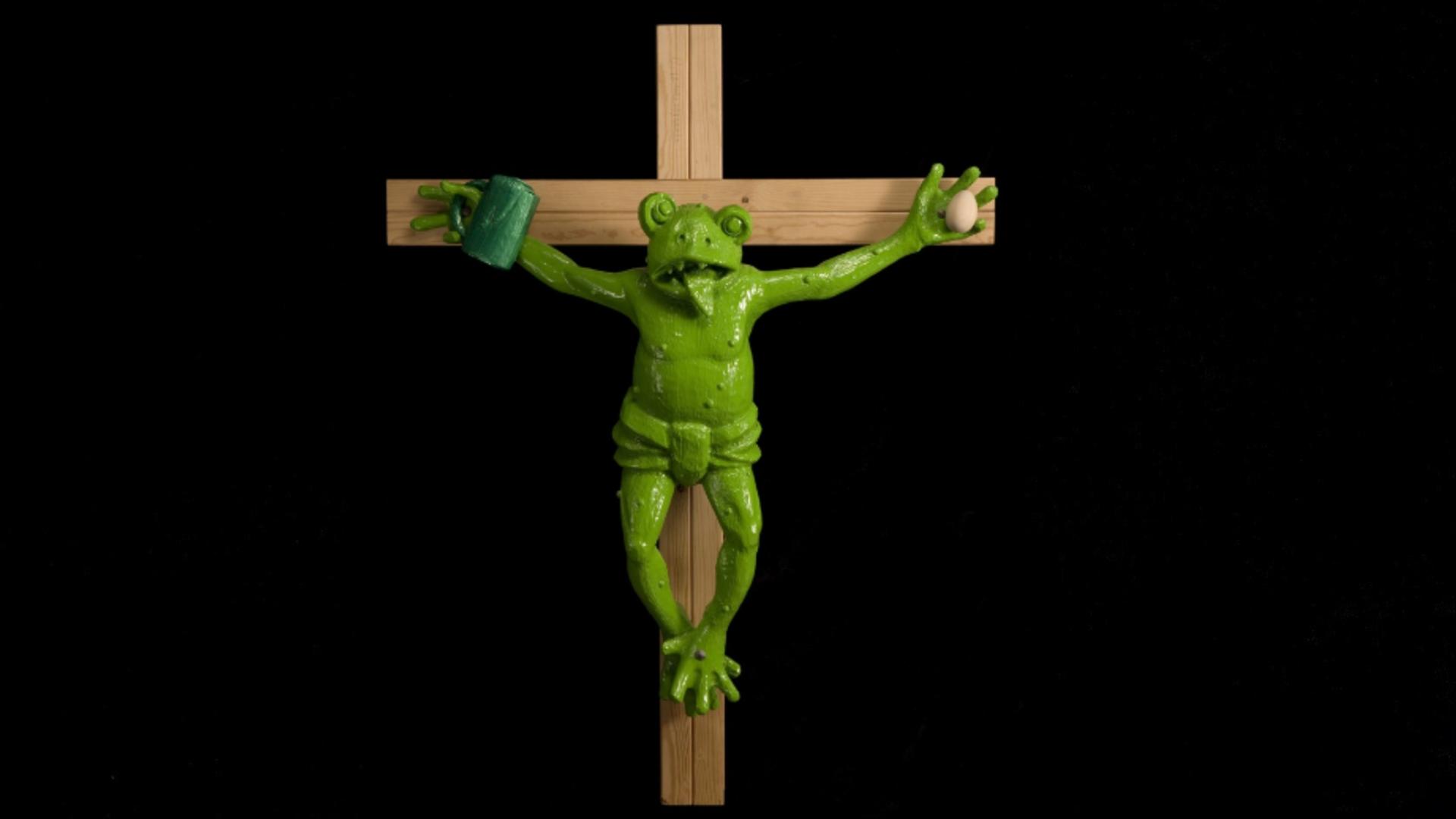 Die Skulptur eines gekreuzigten Frosches, die in einem Museum in Bozen ausgestellt wurde, hat heftige Reaktionen von lokalen Geistlichen und Politikern ausgelöst, die die Entfernung des Werks fordern. Künstler: Martin Klippenberger Die Skulptur eines gekreuzigten Frosches, die in einem Museum in Bozen ausgestellt wurde, hat heftige Reaktionen von lokalen Geistlichen und Politikern ausgelöst, die die Entfernung des Werks fordern. Künstler: Martin Klippenberger
