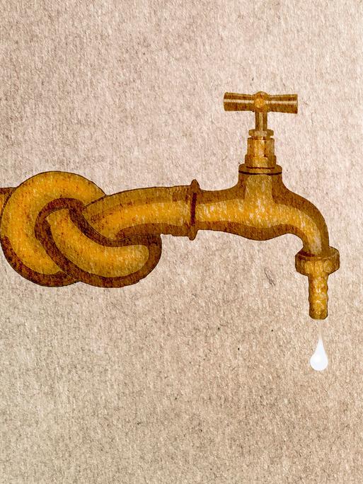 Illustration eines goldenen Wasserhahns mit einem Knoten in der Zuleitung.