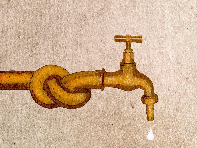 Illustration eines goldenen Wasserhahns mit einem Knoten in der Zuleitung.