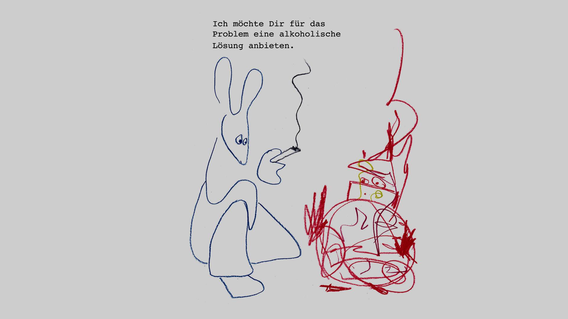 Karikatur „Die Sweeten“-Motiv „Alkoholische Lösung" . Darauf zu sehen ist eine Zeichung, die einen Hasenartiges Wesen mit einer Zigarette zeigt und ein weiteres kleines gezeichnetes Männlein. Darüber steht "ich möchte Dir für das Problem ein alkoholische Lösung anbieten."