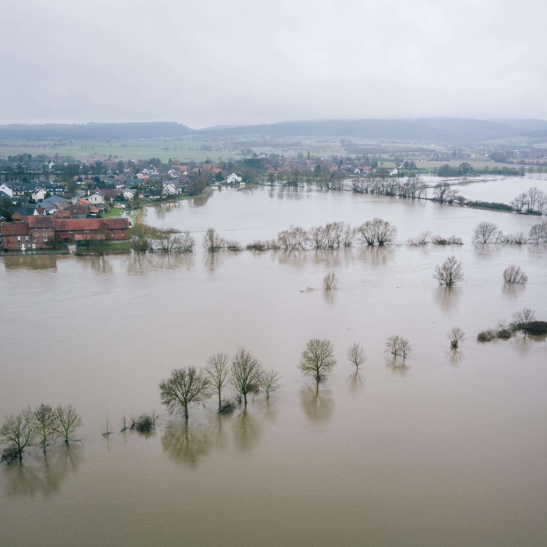 Fuhlen in Niedersachsen: Wiesen und Felder werden vom Hochwasser der Weser überflutet.