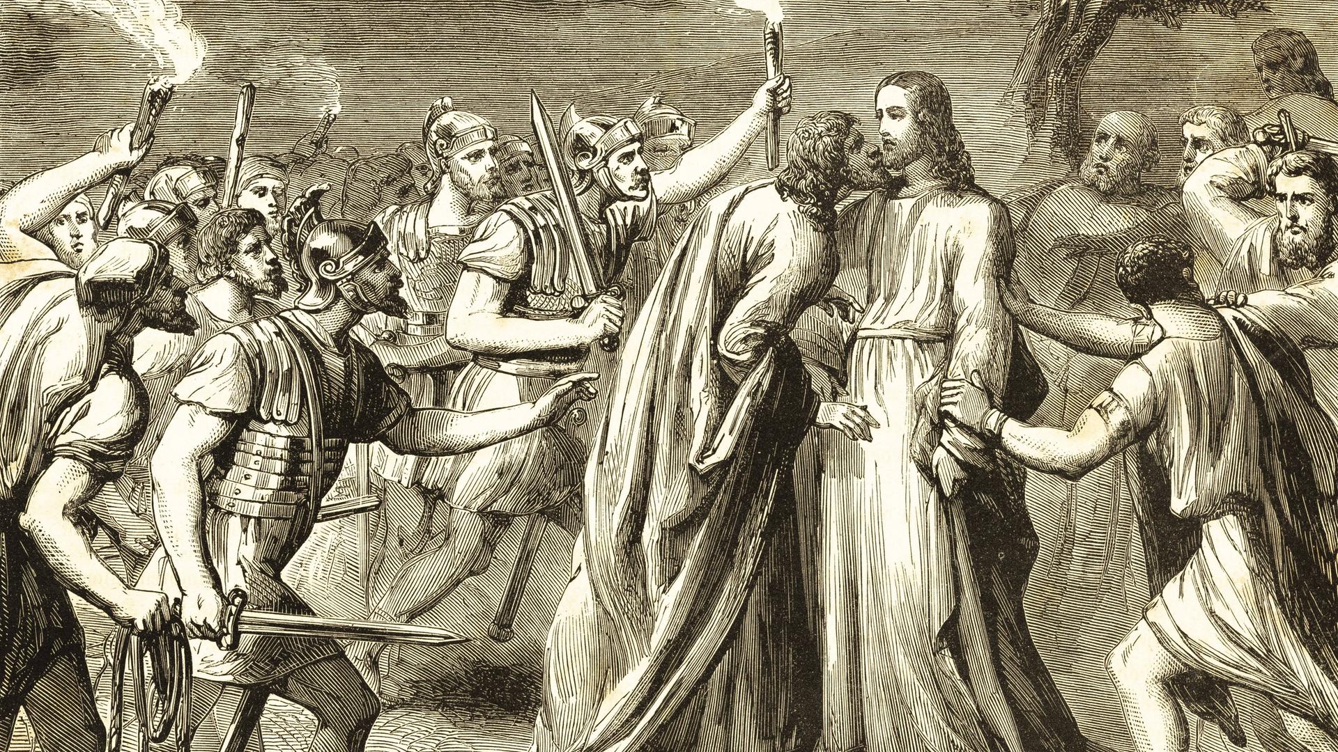Man sieht eine Szene von Jesus umgeben von seinen Jüngern.