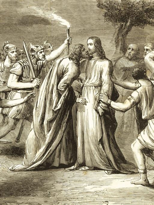 Man sieht eine Szene von Jesus umgeben von seinen Jüngern. Man sieht eine Szene von Jesus umgeben von seinen Jüngern.