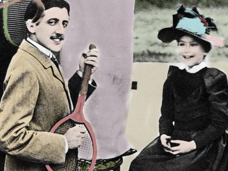 Marcel Proust, französischer Schriftsteller, spielt auf einem Tennisschläger Gitarre (Tennisplatz Boulevard Bineau in Paris, 1892).