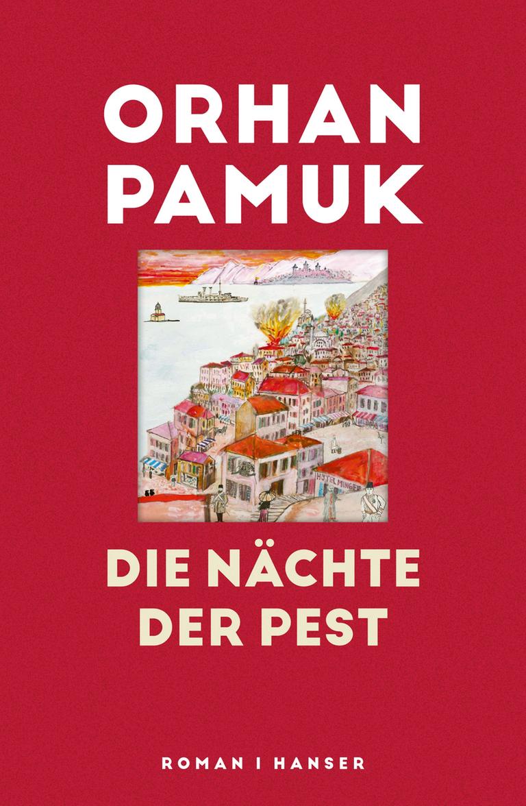 Das Cover zeigt den Autorennamen und Buchtitel auf rotem Hintergrund. In der Mitte ist ein gemaltes Bild einer Stadt am Meer zu sehen.
