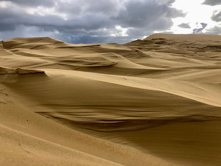 Europas höchste Düne, die Dune du Pilat. Ein großer Sandberg vor einem wolkenschweren Himmel.