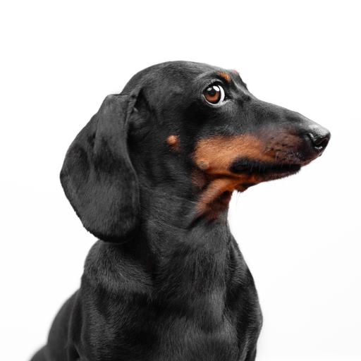 Profil eines Dackels, lustiger Welpe, der bei einem Fotoshooting posiert, und mit gerissenem Blick zur Seite schaut, als hätte er einen geheimen Plan, den er gerade ausheckt