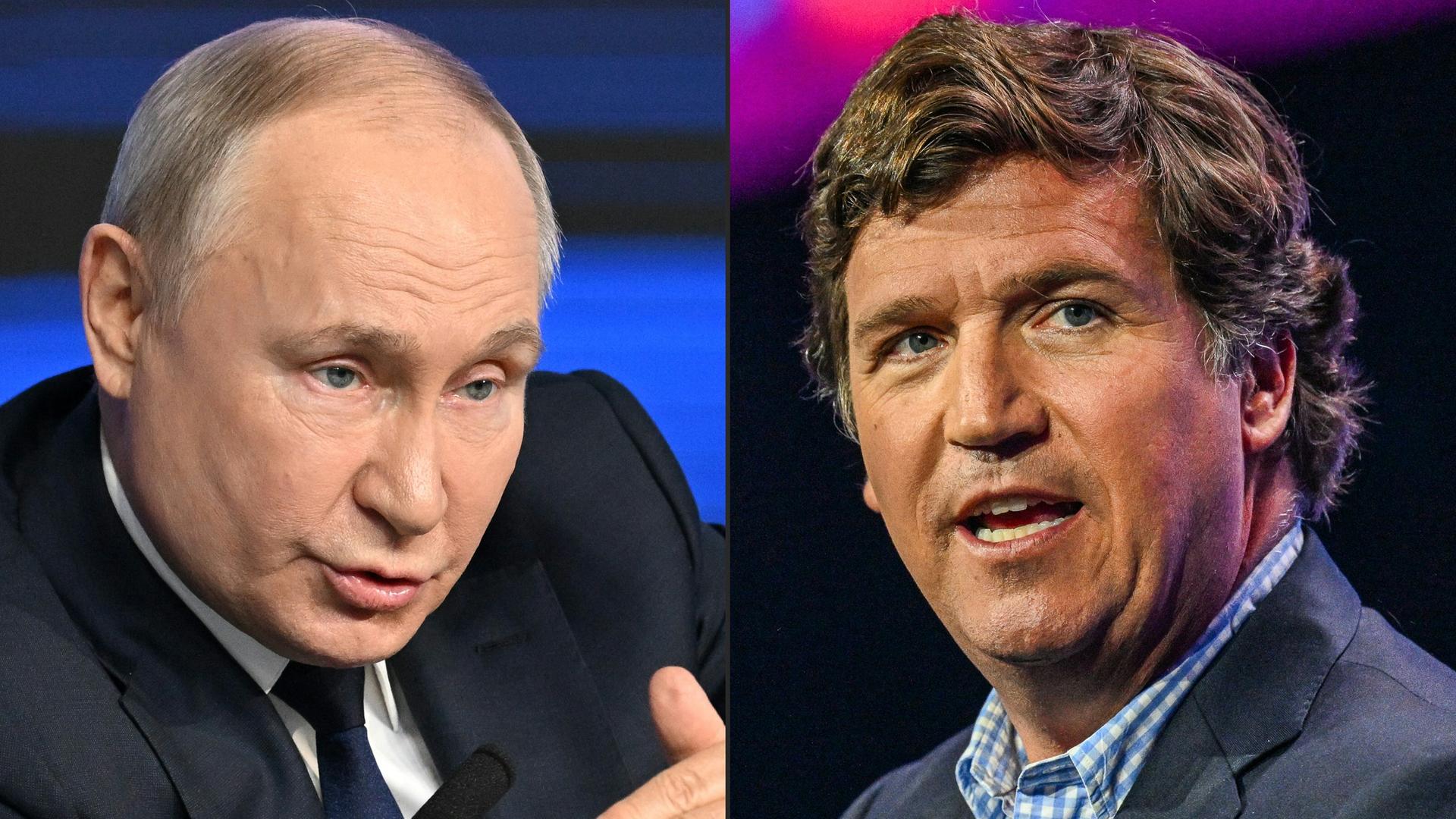 Die Fotomontage zeigt den russischen Präsidenten Putin und den früheren US-Moderator Carlson.