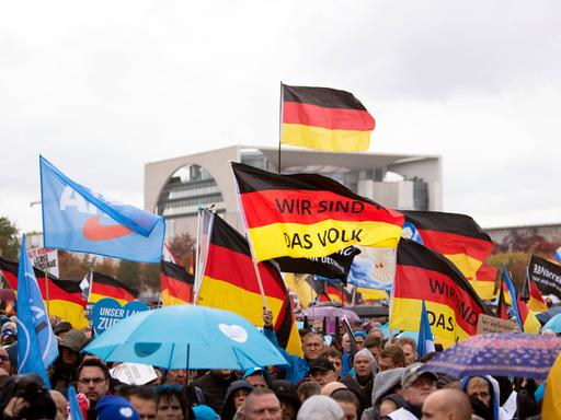 Deutschlandflaggen mit dem Slogan "Wir sind das Volk" auf einer AfD-Demo in Berlin.