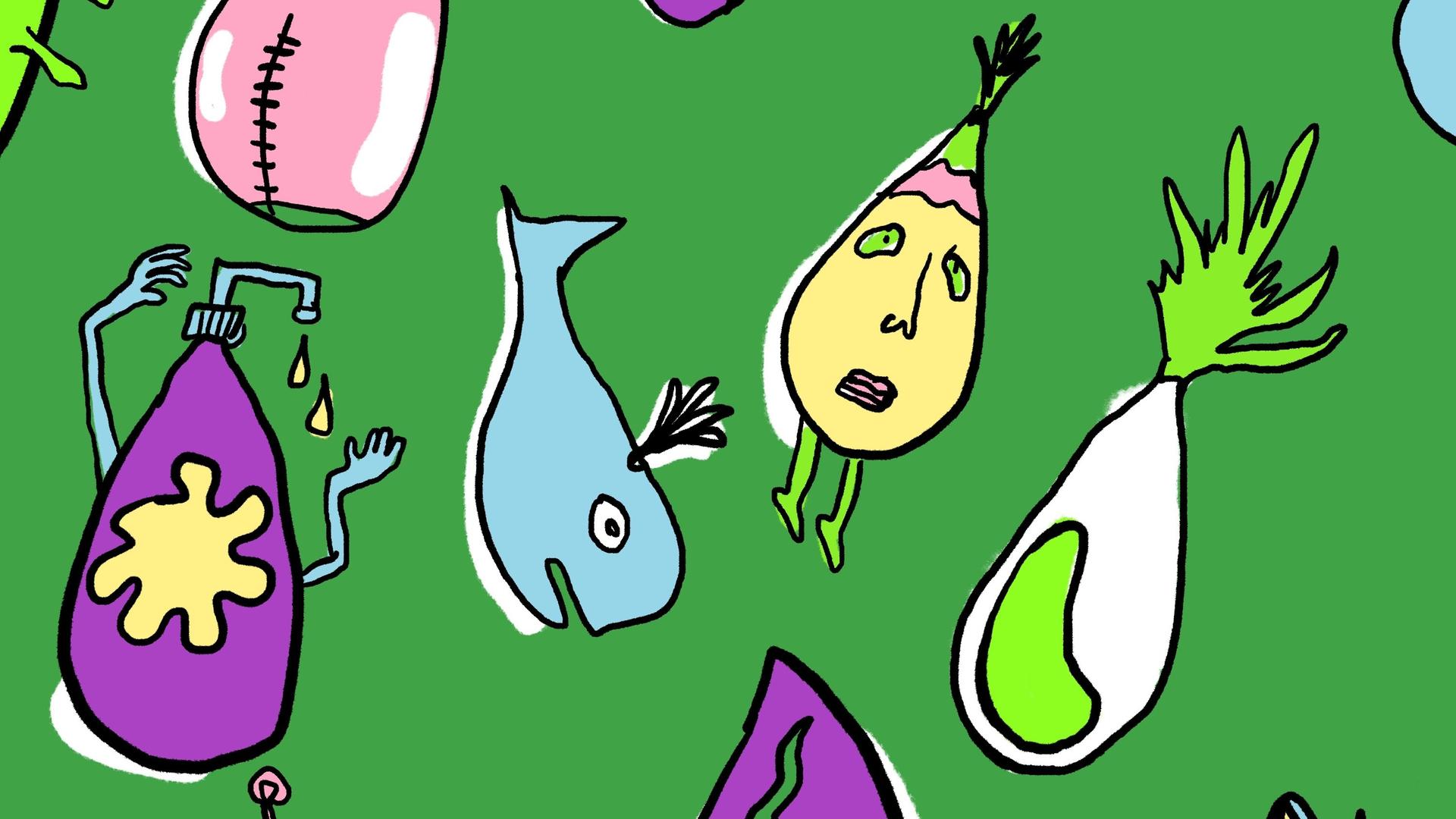 Illustration bunter doku drops vor grünem Hintergrund.