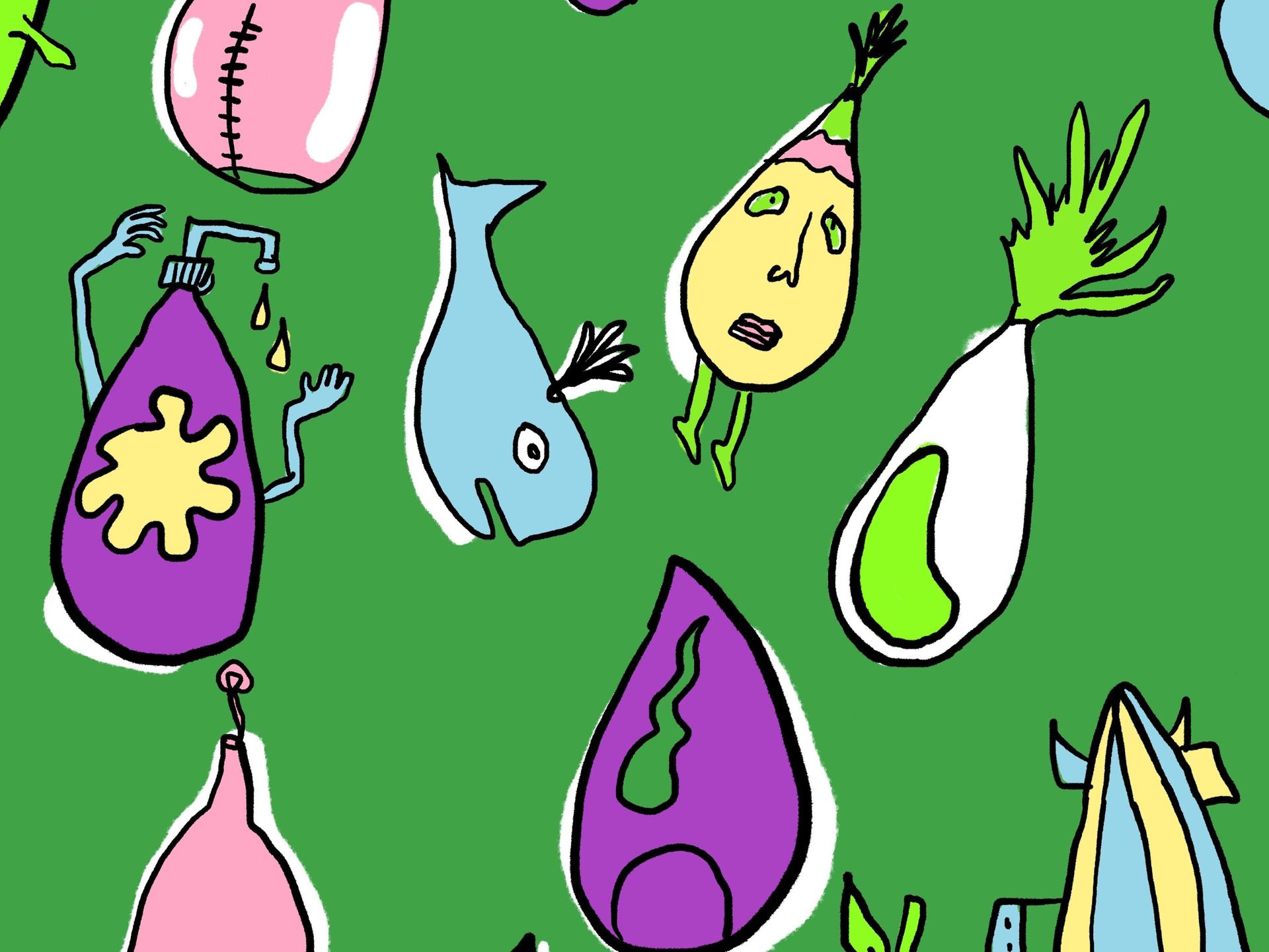 Illustration bunter doku drops vor grünem Hintergrund.