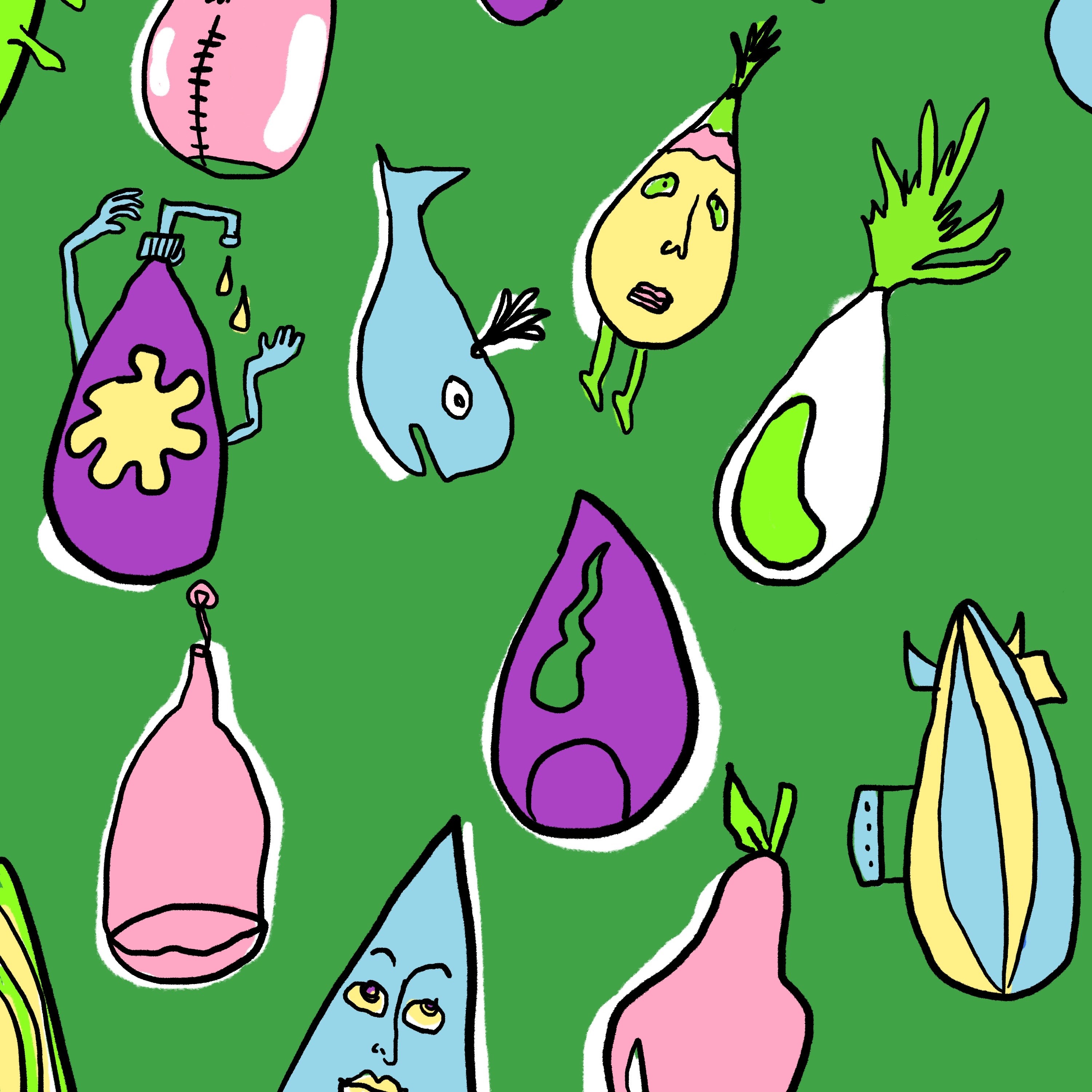 Illustration bunter doku drops vor grünem Hintergrund.