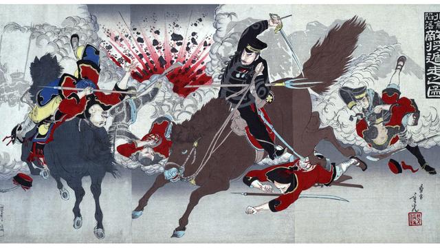 Illustration des Boxeraufstands in China mit kämpfenden Personen zu Pferde in bunten Farben. 