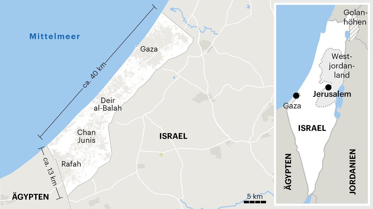 Die Karte zeigt die Lage und Größe des Gazastreifens