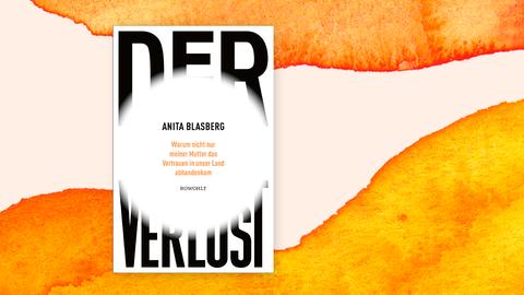 Covercollage mit dem Cover des Buches "Der Verlust" von Anita Blasberg. Der Titel steht in Großbuchstaben auf weißem Grund, in der Mitte ist eine Art kreisförmiger Lichtpunkt zu sehen, als wäre das Cover an der Stelle überbelichtet worden. 