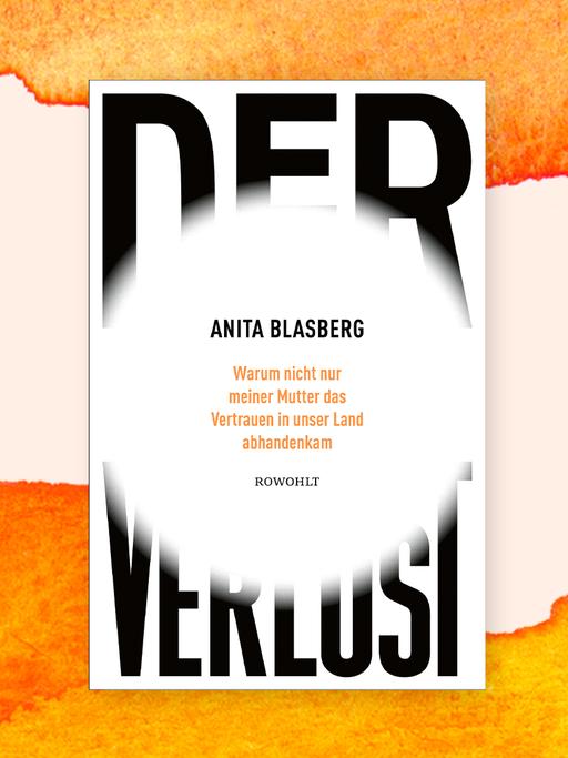 Covercollage mit dem Cover des Buches "Der Verlust" von Anita Blasberg. Der Titel steht in Großbuchstaben auf weißem Grund, in der Mitte ist eine Art kreisförmiger Lichtpunkt zu sehen, als wäre das Cover an der Stelle überbelichtet worden. 